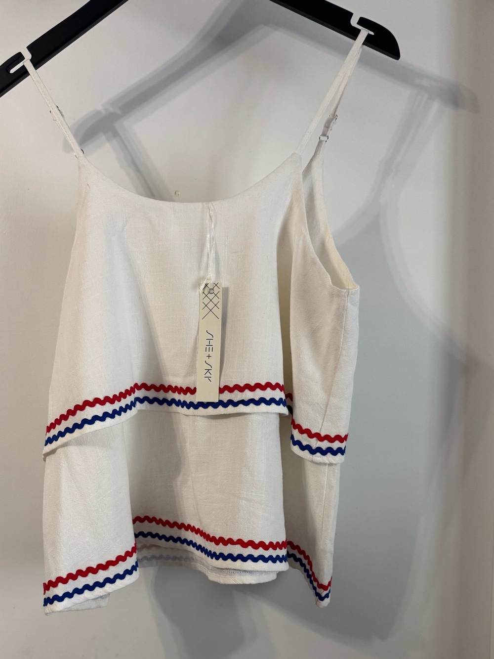She + Sky White Tiered Cami with Red & Blue Rickrack